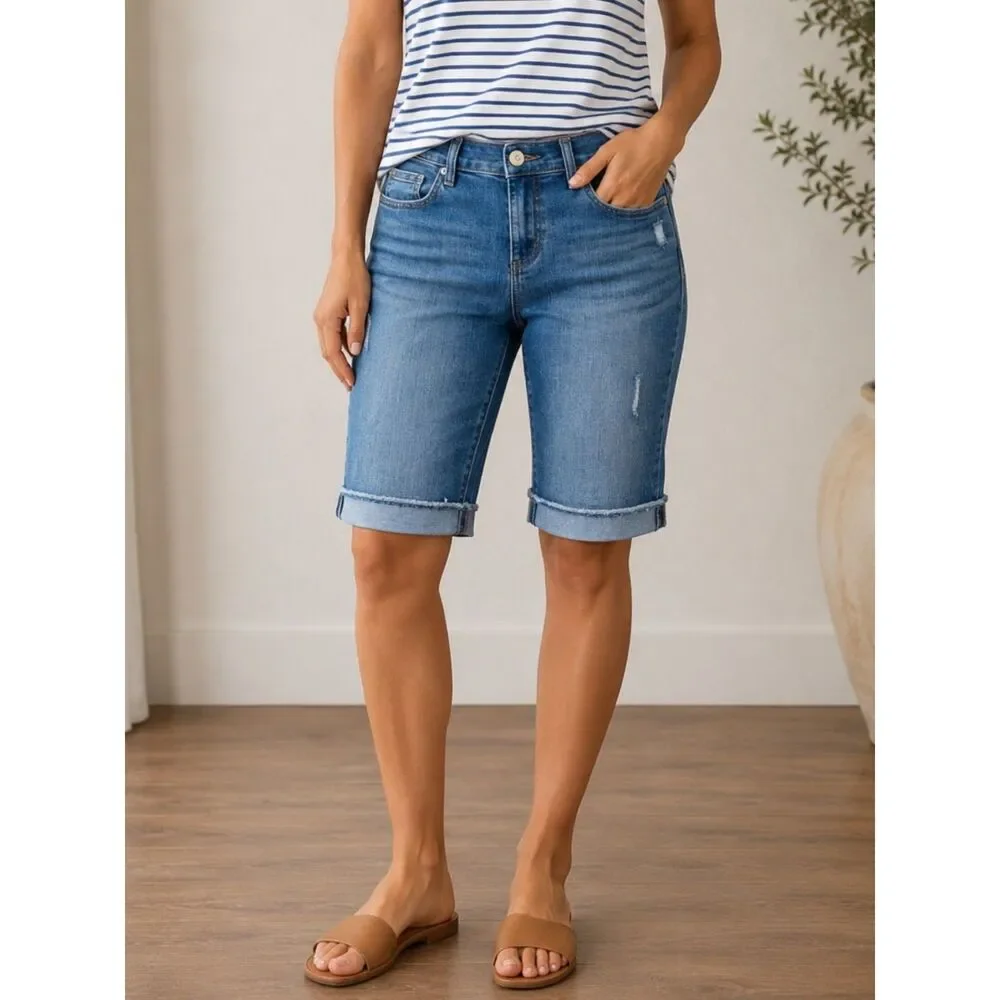 NWT LOFT Bermuda Roll Denim Shorts Size 8 Medium Wash Distressed Cuffed Stretch